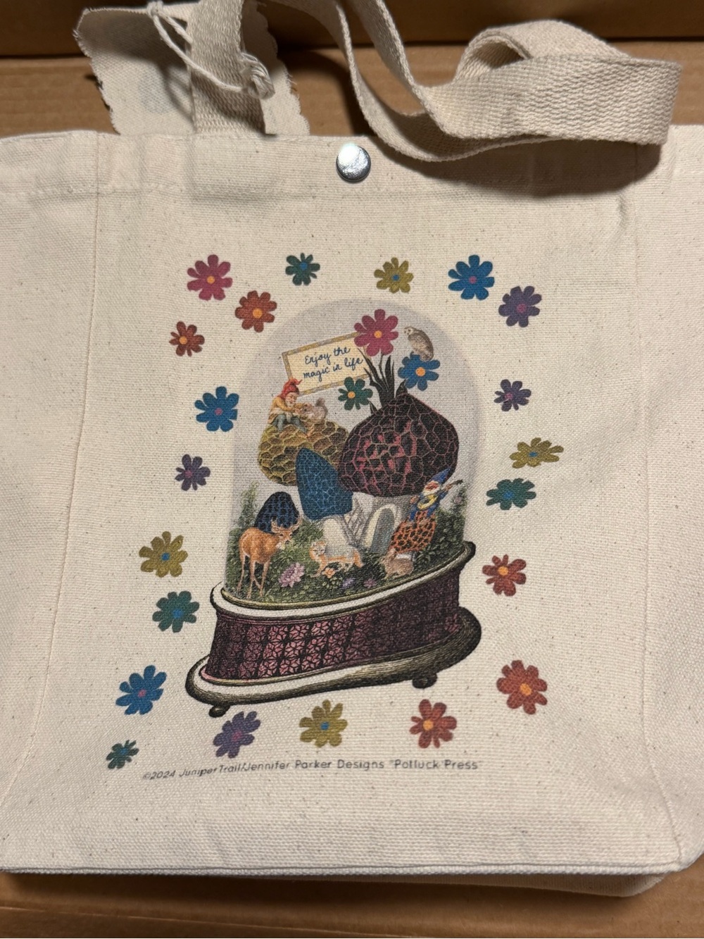 Canvas Tote Bag with Floral Snowglobe Print - Cream